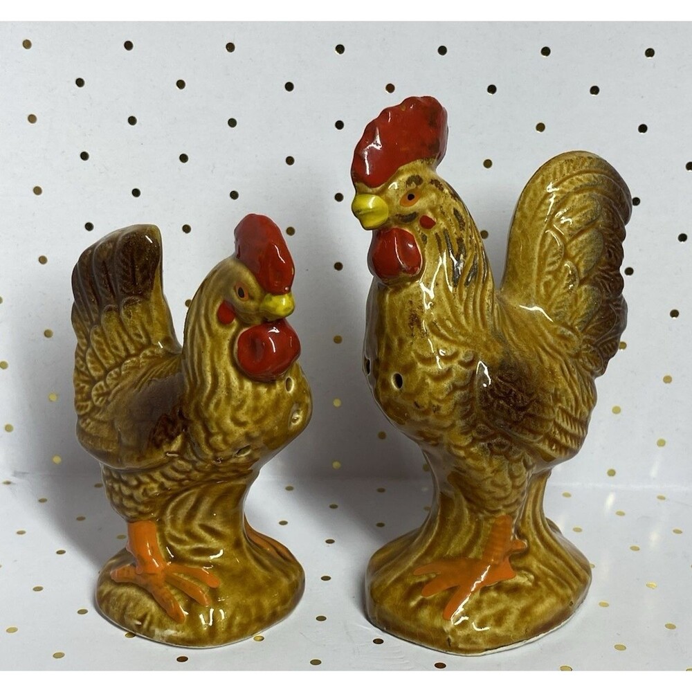 Vtg Ceramic Rooster Hen Salt Pepper Shakers w/Stopper Country Rustic Farm Japan